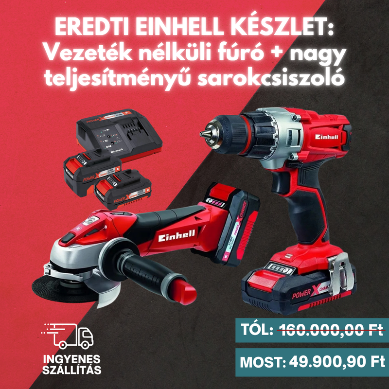 EREDTI EINHELL KÉSZLET: Vezeték nélküli fúró + nagy teljesítményű sarokcsiszoló + 26 kiegészítő + 2 akkumulátor