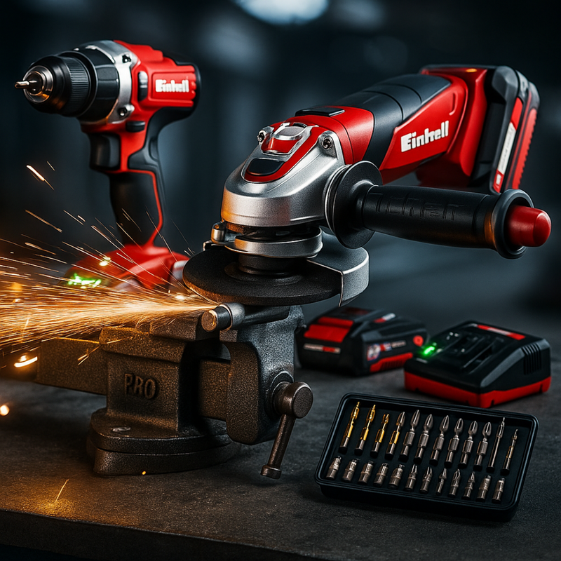 EREDTI EINHELL KÉSZLET: Vezeték nélküli fúró + nagy teljesítményű sarokcsiszoló + 26 kiegészítő + 2 akkumulátor